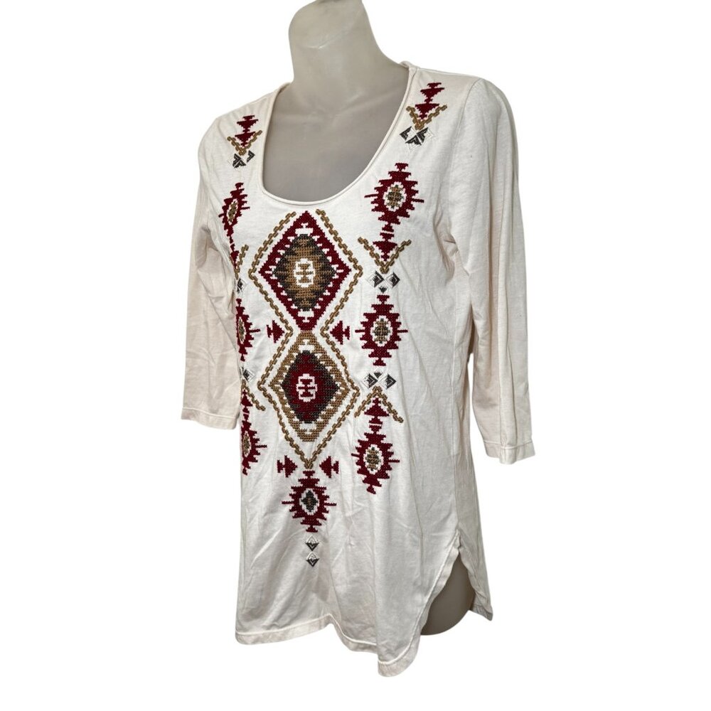 Johnny Was JWLA Tribal Embroidered 3/4 Sleeve Top Neutral Beige Size S